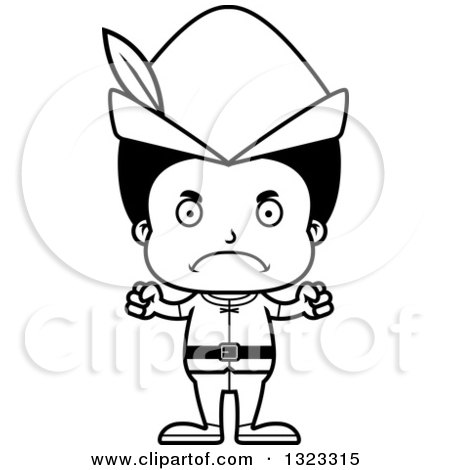 Lineart Clipart of a Cartoon Mad Black Robin Hood Boy - Royalty Free Outline Vector Illustration by Cory Thoman