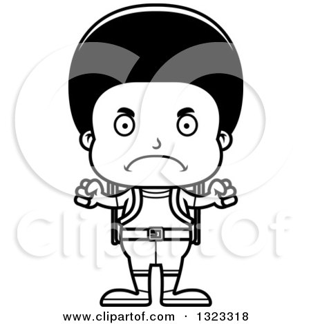Lineart Clipart of a Cartoon Mad Black Boy Hiker - Royalty Free Outline Vector Illustration by Cory Thoman