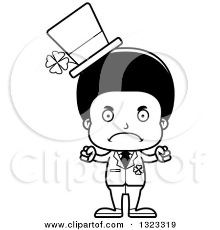 Lineart Clipart of a Cartoon Mad Black St Patricks Day Boy - Royalty Free Outline Vector Illustration by Cory Thoman