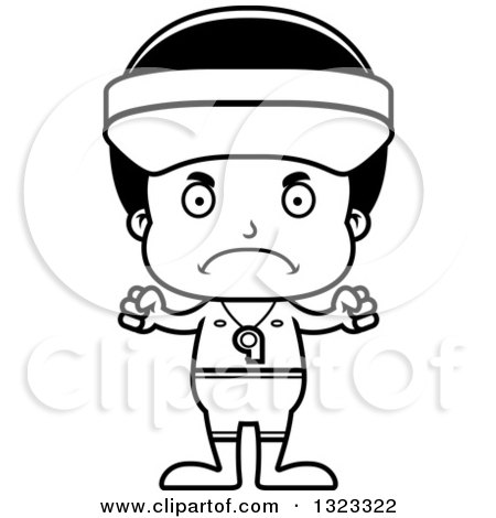 Lineart Clipart of a Cartoon Mad Black Boy Lifeguard - Royalty Free Outline Vector Illustration by Cory Thoman