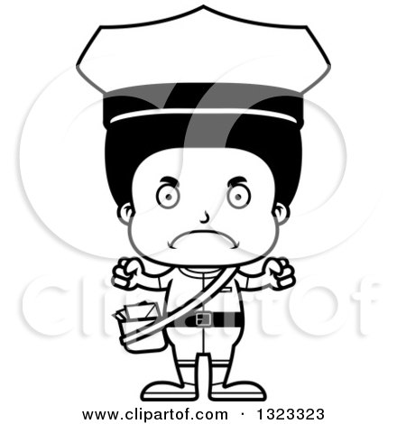 Lineart Clipart of a Cartoon Mad Black Boy Mailman - Royalty Free Outline Vector Illustration by Cory Thoman