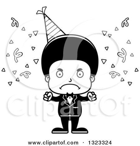 Lineart Clipart of a Cartoon Mad Black Party Boy - Royalty Free Outline Vector Illustration by Cory Thoman