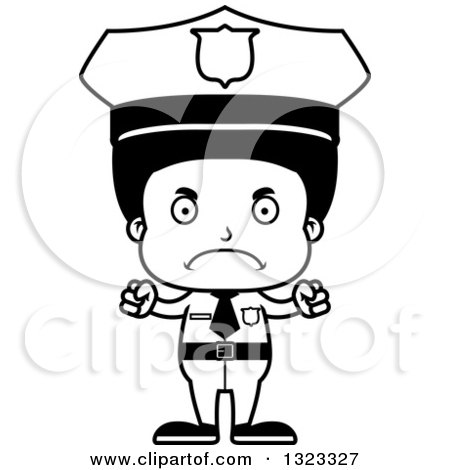 Lineart Clipart of a Cartoon Mad Black Boy Police Officer - Royalty Free Outline Vector Illustration by Cory Thoman