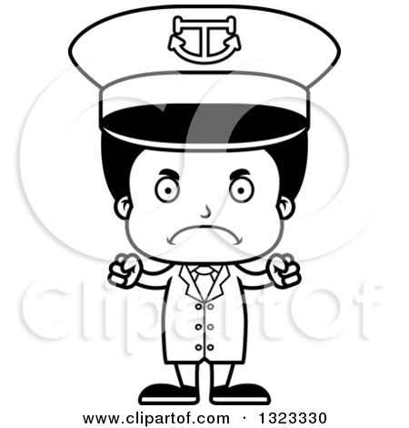 Lineart Clipart of a Cartoon Mad Black Boy Captain - Royalty Free Outline Vector Illustration by Cory Thoman