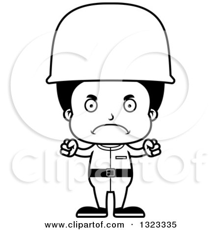 Lineart Clipart of a Cartoon Mad Black Boy Army Soldier - Royalty Free Outline Vector Illustration by Cory Thoman