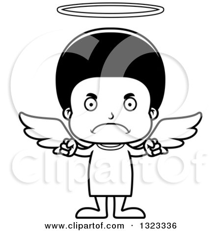 Lineart Clipart of a Cartoon Mad Black Angel Boy - Royalty Free Outline Vector Illustration by Cory Thoman