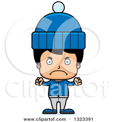 Clipart of a Cartoon Mad Hispanic Boy in Winter Clothes - Royalty Free Vector Illustration by Cory Thoman