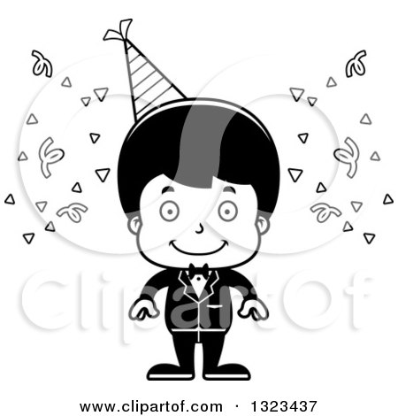 Lineart Clipart of a Cartoon Black and White Happy Hispanic Party Boy - Royalty Free Outline Vector Illustration by Cory Thoman