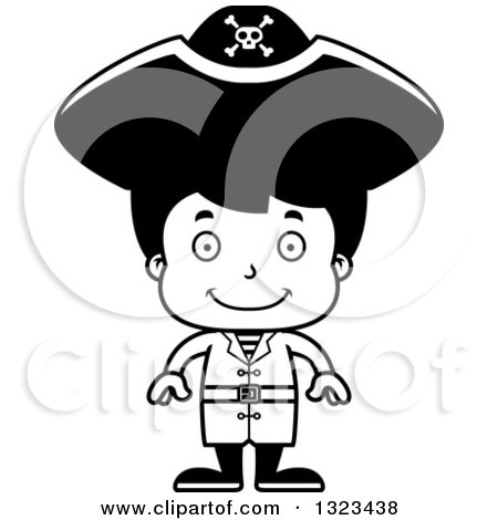 Lineart Clipart of a Cartoon Black and White Happy Hispanic Boy Pirate - Royalty Free Outline Vector Illustration by Cory Thoman