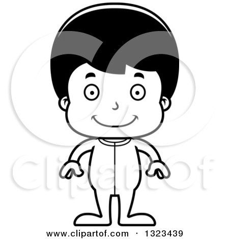 Lineart Clipart of a Cartoon Black and White Happy Hispanic Boy in Pajamas - Royalty Free Outline Vector Illustration by Cory Thoman