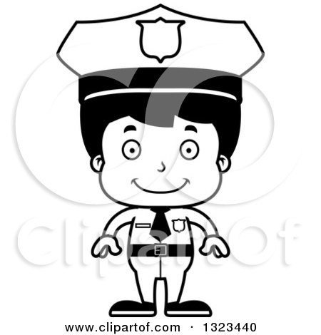 Lineart Clipart of a Cartoon Black and White Happy Hispanic Boy Police Officer - Royalty Free Outline Vector Illustration by Cory Thoman