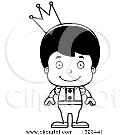 Lineart Clipart of a Cartoon Black and White Happy Hispanic Boy Prince - Royalty Free Outline Vector Illustration by Cory Thoman