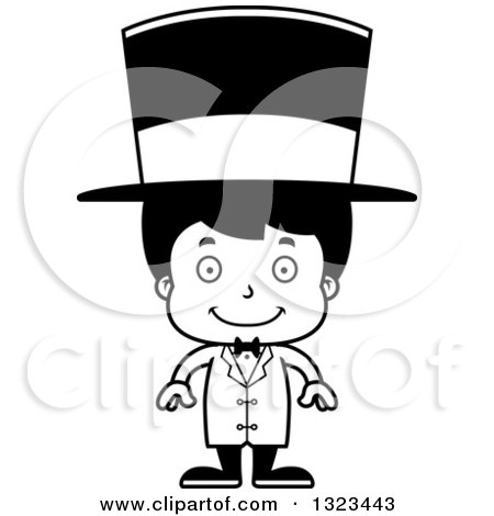 Lineart Clipart of a Cartoon Black and White Happy Hispanic Boy Circus Ringmaster - Royalty Free Outline Vector Illustration by Cory Thoman