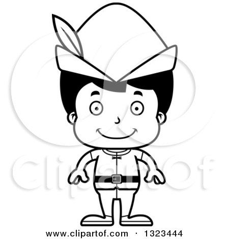 Lineart Clipart of a Cartoon Black and White Happy Hispanic Boy Robin Hood - Royalty Free Outline Vector Illustration by Cory Thoman