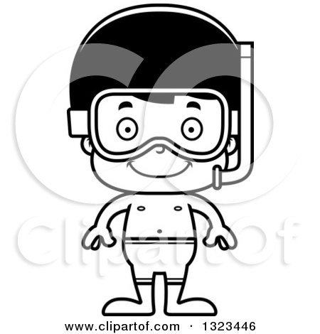 Lineart Clipart of a Cartoon Black and White Happy Hispanic Boy in Snorkel Gear - Royalty Free Outline Vector Illustration by Cory Thoman