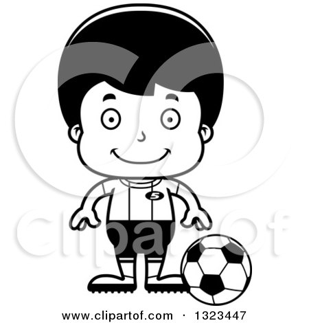 Lineart Clipart of a Cartoon Black and White Happy Hispanic Boy Soccer Player - Royalty Free Outline Vector Illustration by Cory Thoman