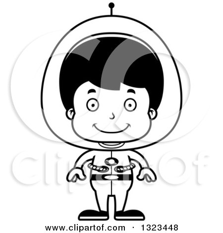 Lineart Clipart of a Cartoon Black and White Happy Hispanic Futuristic Space Boy - Royalty Free Outline Vector Illustration by Cory Thoman