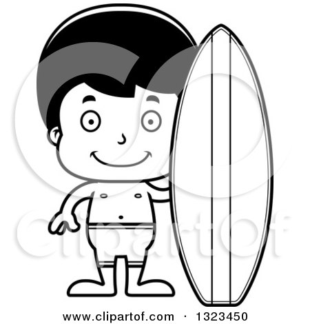 Lineart Clipart of a Cartoon Black and White Happy Hispanic Surfer Boy - Royalty Free Outline Vector Illustration by Cory Thoman