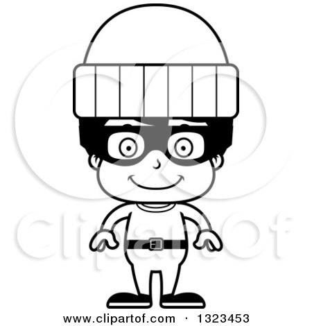 Lineart Clipart of a Cartoon Black and White Happy Hispanic Robber Boy - Royalty Free Outline Vector Illustration by Cory Thoman