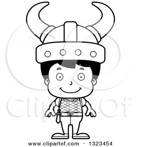 Lineart Clipart of a Cartoon Black and White Happy Hispanic Viking Boy - Royalty Free Outline Vector Illustration by Cory Thoman