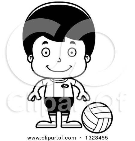 Lineart Clipart of a Cartoon Black and White Happy Hispanic Boy Volleyball Player - Royalty Free Outline Vector Illustration by Cory Thoman