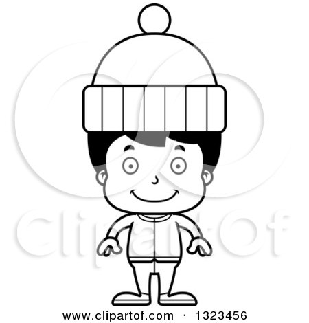 Lineart Clipart of a Cartoon Black and White Happy Hispanic Boy in Winter Clothes - Royalty Free Outline Vector Illustration by Cory Thoman