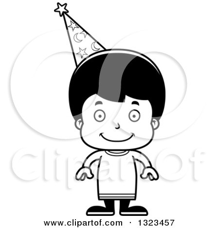 Lineart Clipart of a Cartoon Black and White Happy Hispanic Wizard Boy - Royalty Free Outline Vector Illustration by Cory Thoman