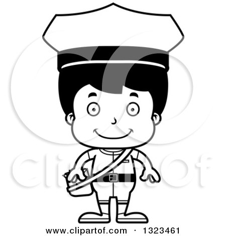Lineart Clipart of a Cartoon Black and White Happy Hispanic Boy Mailman - Royalty Free Outline Vector Illustration by Cory Thoman