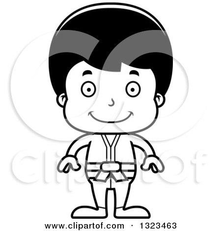 Lineart Clipart of a Cartoon Black and White Happy Hispanic Karate Boy - Royalty Free Outline Vector Illustration by Cory Thoman