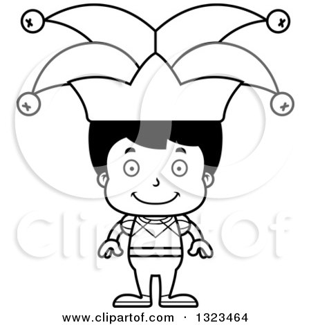 Lineart Clipart of a Cartoon Black and White Happy Hispanic Boy Jester - Royalty Free Outline Vector Illustration by Cory Thoman
