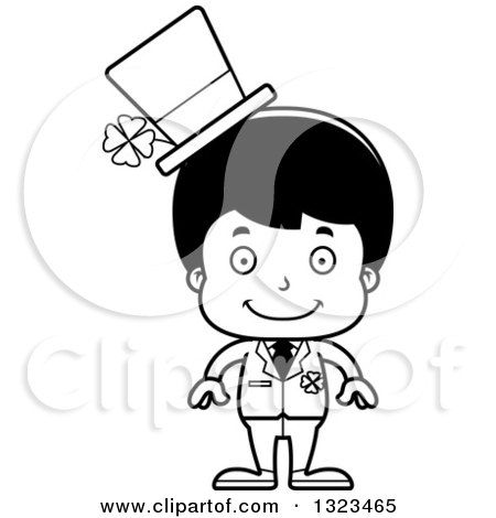 Lineart Clipart of a Cartoon Black and White Happy Hispanic Irish St Patricks Day Boy - Royalty Free Outline Vector Illustration by Cory Thoman