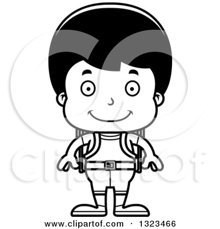 Lineart Clipart of a Cartoon Black and White Happy Hispanic Boy Hiker - Royalty Free Outline Vector Illustration by Cory Thoman