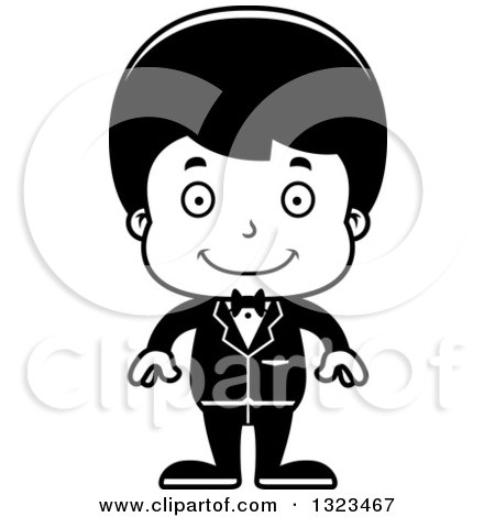 Lineart Clipart of a Cartoon Black and White Happy Hispanic Boy Groom - Royalty Free Outline Vector Illustration by Cory Thoman