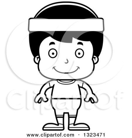 Lineart Clipart of a Cartoon Black and White Happy Hispanic Fitness Boy - Royalty Free Outline Vector Illustration by Cory Thoman