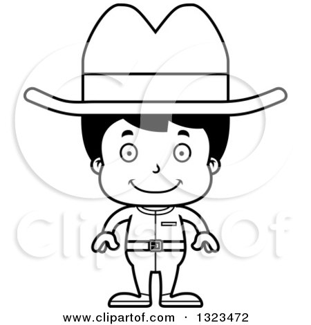 Lineart Clipart of a Cartoon Black and White Happy Hispanic Cowboy - Royalty Free Outline Vector Illustration by Cory Thoman