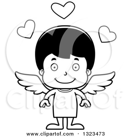 Lineart Clipart of a Cartoon Black and White Happy Hispanic Cupid Boy - Royalty Free Outline Vector Illustration by Cory Thoman