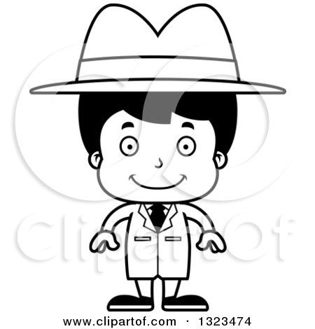Lineart Clipart of a Cartoon Black and White Happy Hispanic Boy Detective - Royalty Free Outline Vector Illustration by Cory Thoman