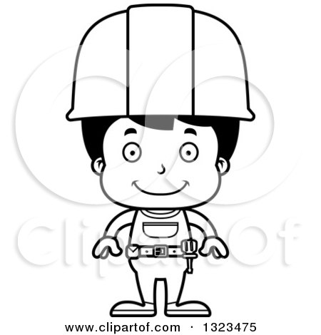 Lineart Clipart of a Cartoon Black and White Happy Hispanic Boy Construction Worker - Royalty Free Outline Vector Illustration by Cory Thoman