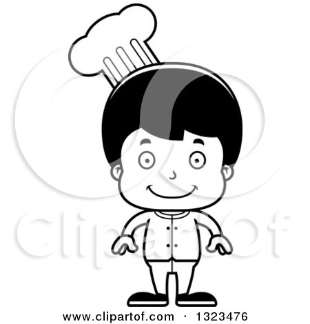 Lineart Clipart of a Cartoon Black and White Happy Hispanic Boy Chef - Royalty Free Outline Vector Illustration by Cory Thoman