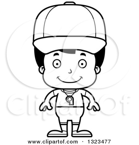 Lineart Clipart of a Cartoon Black and White Happy Hispanic Boy Sports Coach - Royalty Free Outline Vector Illustration by Cory Thoman
