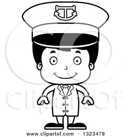 Lineart Clipart of a Cartoon Black and White Happy Hispanic Boy Captain - Royalty Free Outline Vector Illustration by Cory Thoman