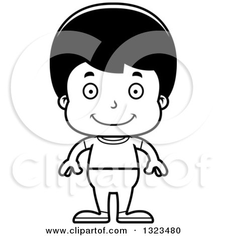 Lineart Clipart of a Cartoon Black and White Happy Casual Hispanic Boy - Royalty Free Outline Vector Illustration by Cory Thoman