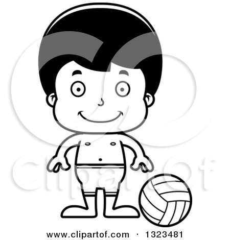 Lineart Clipart of a Cartoon Black and White Happy Hispanic Boy Beach Volleyball Player - Royalty Free Outline Vector Illustration by Cory Thoman