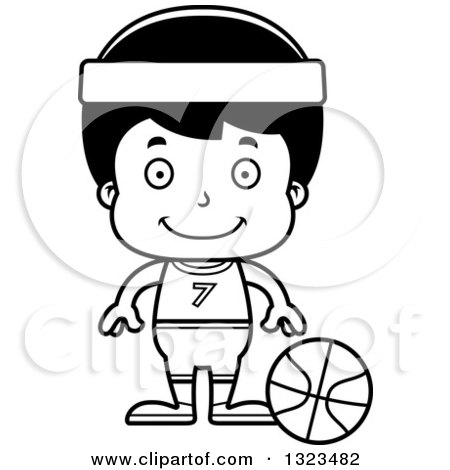 Lineart Clipart of a Cartoon Black and White Happy Hispanic Boy Basketball Player - Royalty Free Outline Vector Illustration by Cory Thoman
