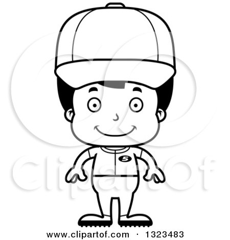 Lineart Clipart of a Cartoon Black and White Happy Hispanic Boy Baseball Player - Royalty Free Outline Vector Illustration by Cory Thoman