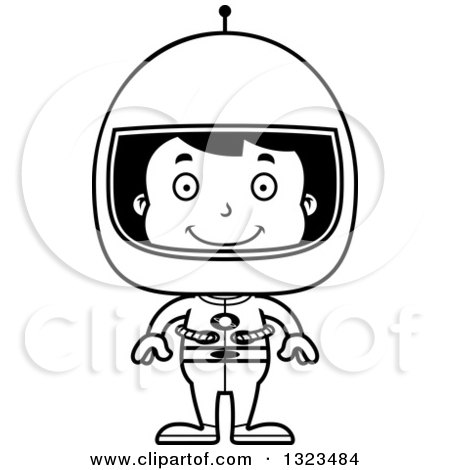 Lineart Clipart of a Cartoon Black and White Happy Hispanic Boy Astronaut - Royalty Free Outline Vector Illustration by Cory Thoman