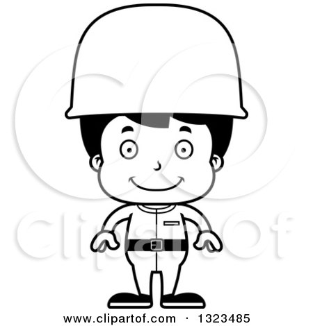 Lineart Clipart of a Cartoon Black and White Happy Hispanic Boy Soldier - Royalty Free Outline Vector Illustration by Cory Thoman