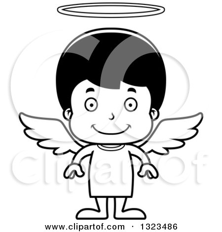 Lineart Clipart of a Cartoon Black and White Happy Hispanic Boy Angel - Royalty Free Outline Vector Illustration by Cory Thoman
