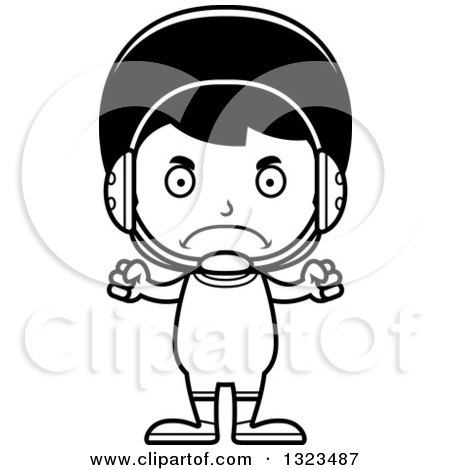 Lineart Clipart of a Cartoon Black and White Mad Hispanic Boy Wrestler - Royalty Free Outline Vector Illustration by Cory Thoman