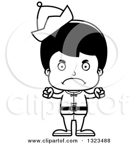 Lineart Clipart of a Cartoon Black and White Mad Hispanic Christmas Elf Boy - Royalty Free Outline Vector Illustration by Cory Thoman